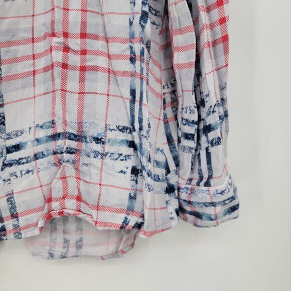 Signature Studio Women's Plaid Button Down Roll Tab Sleeve Shirt Red White‎ Blue - Picture 6 of 11